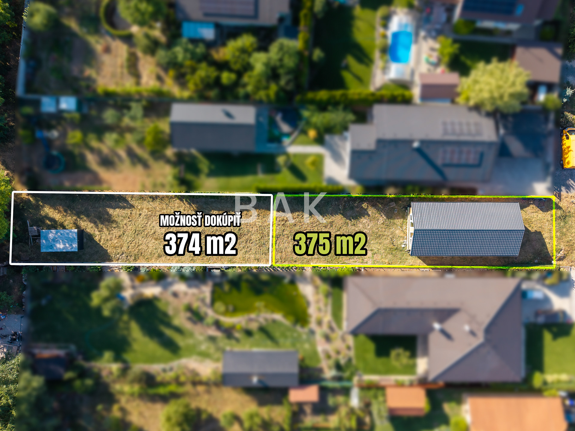 Zákres pozemku 375 m² s možnosťou dokúpenia ďalších 374 m².